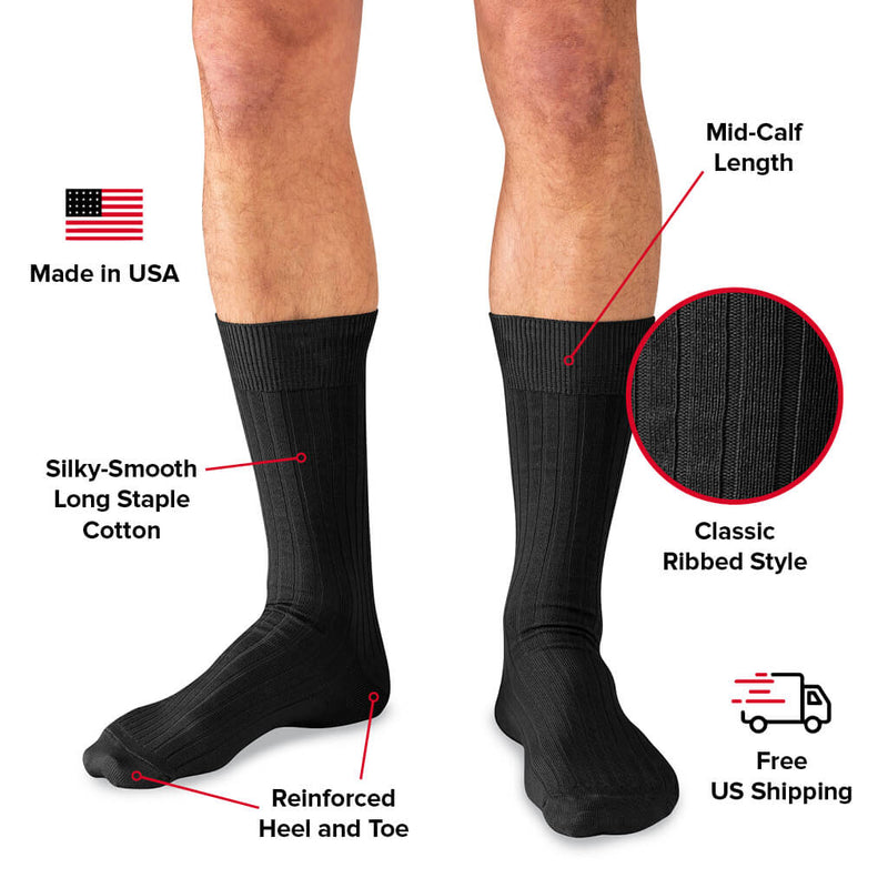 Black Pima Cotton Mid Calf Dress Socks | Boardroom Socks