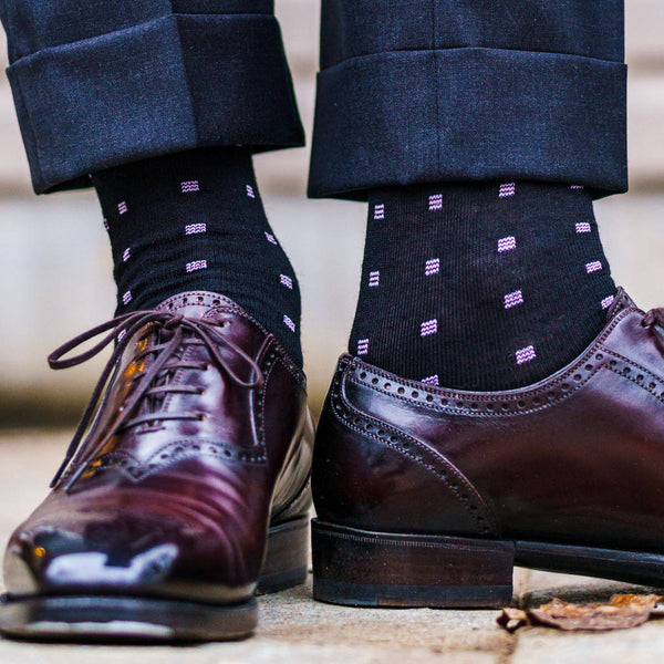 Purple Square Knots on Black Merino Wool Over the Calf Dress Socks ...