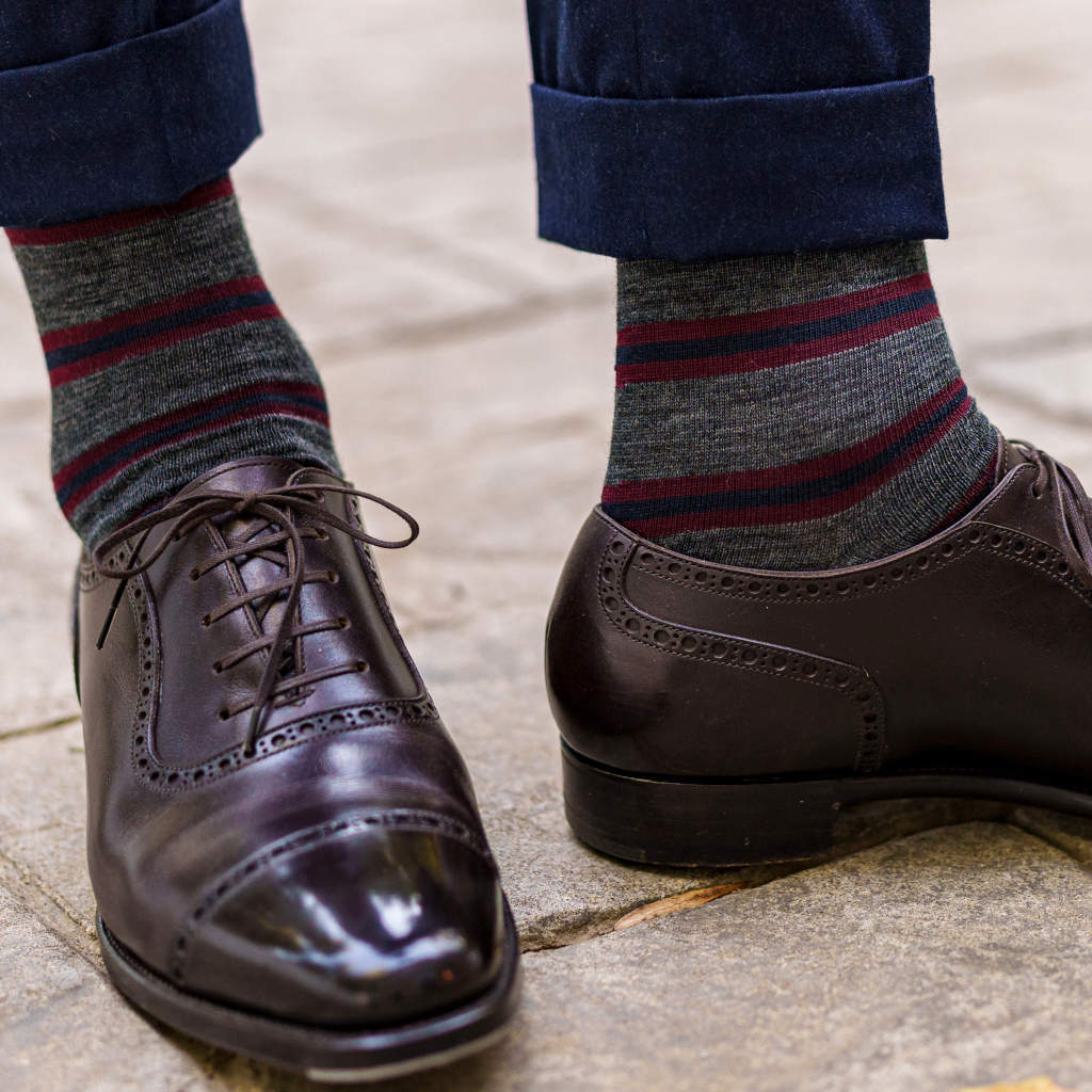 Grey Striped Merino Wool Mid-Calf Dress Socks | Boardroom Socks