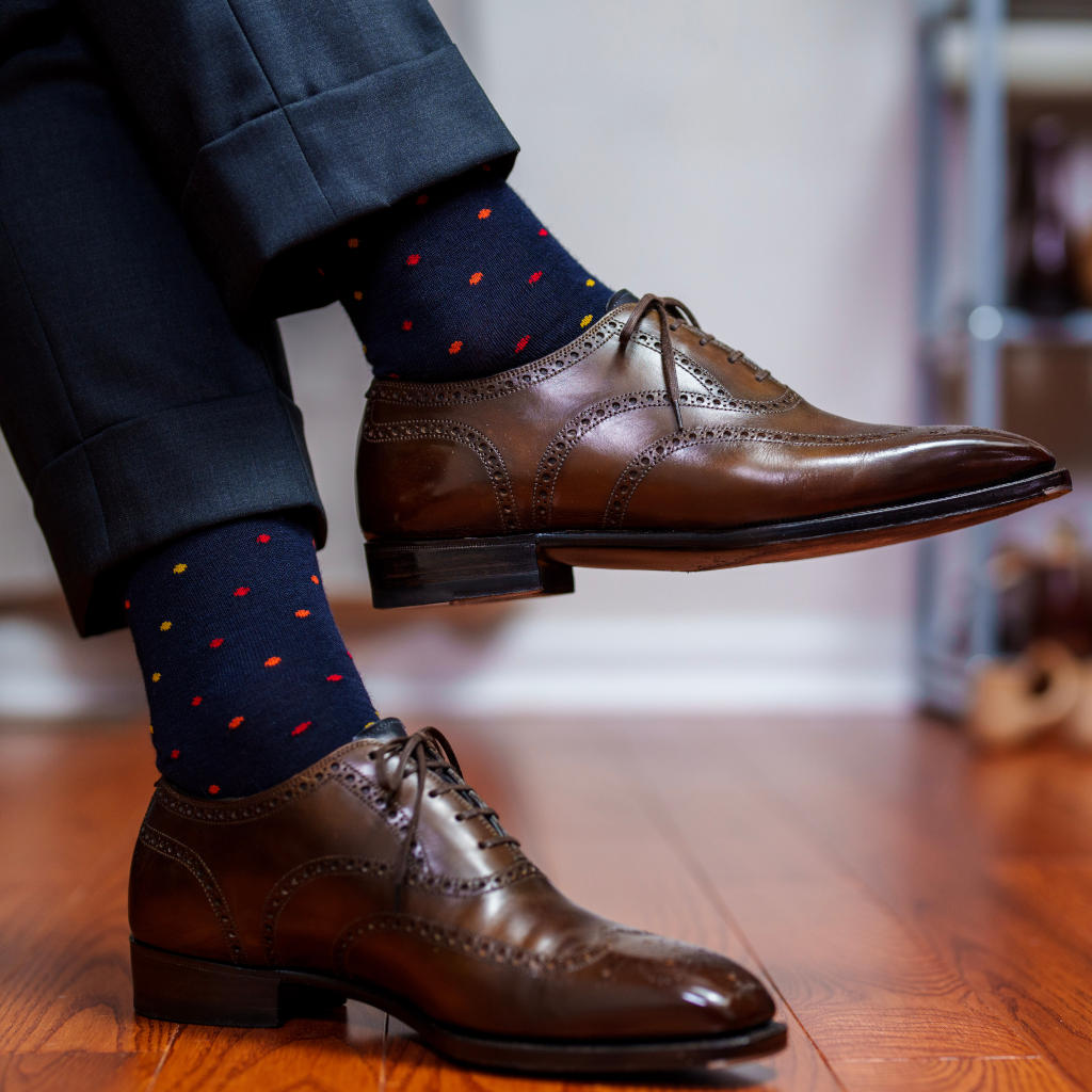 Tri-Color Dots on Navy Merino Wool Over the Calf Dress Socks | Boardroom  Socks