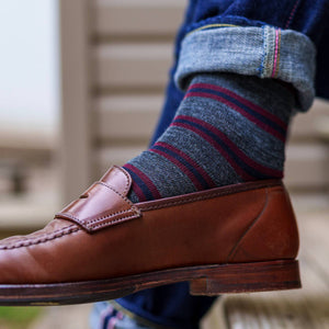 Grey Striped Merino Wool Over the Calf Dress Socks | Boardroom Socks