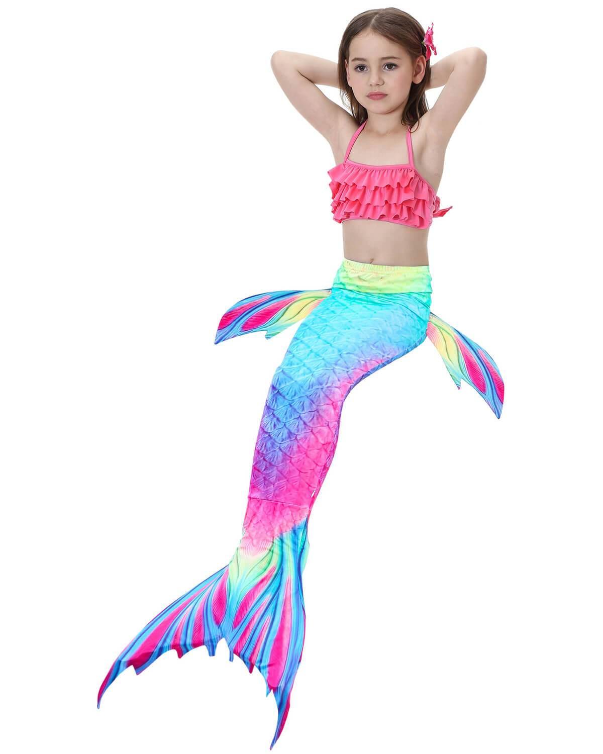 Girls Rainbow Swimsuit Top Bottom And Mermaid Tail Costume Blue Pink Fadcover - roblox mermaid tail