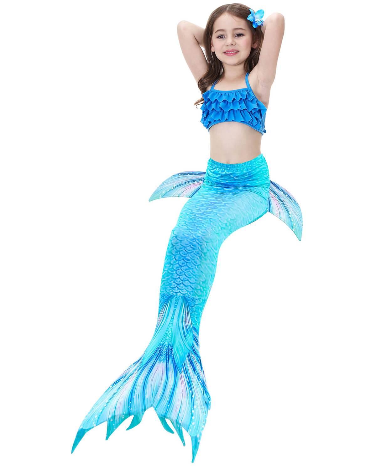 Girls Blue Mermaid Tail Swimsuit With Top Bottom 3 Piece Suit Fadcover - roblox mermaid tail