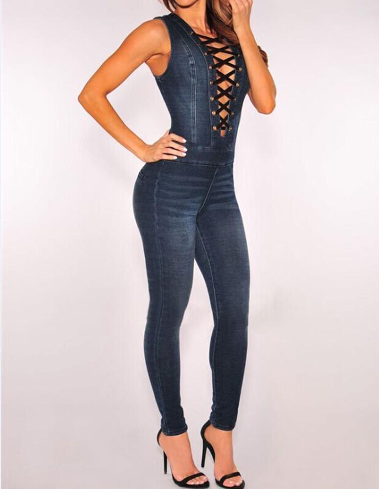 Casual Stylish Sleeveless Lace Up Front Denim Bodycon Jumpsuit – FADCOVER