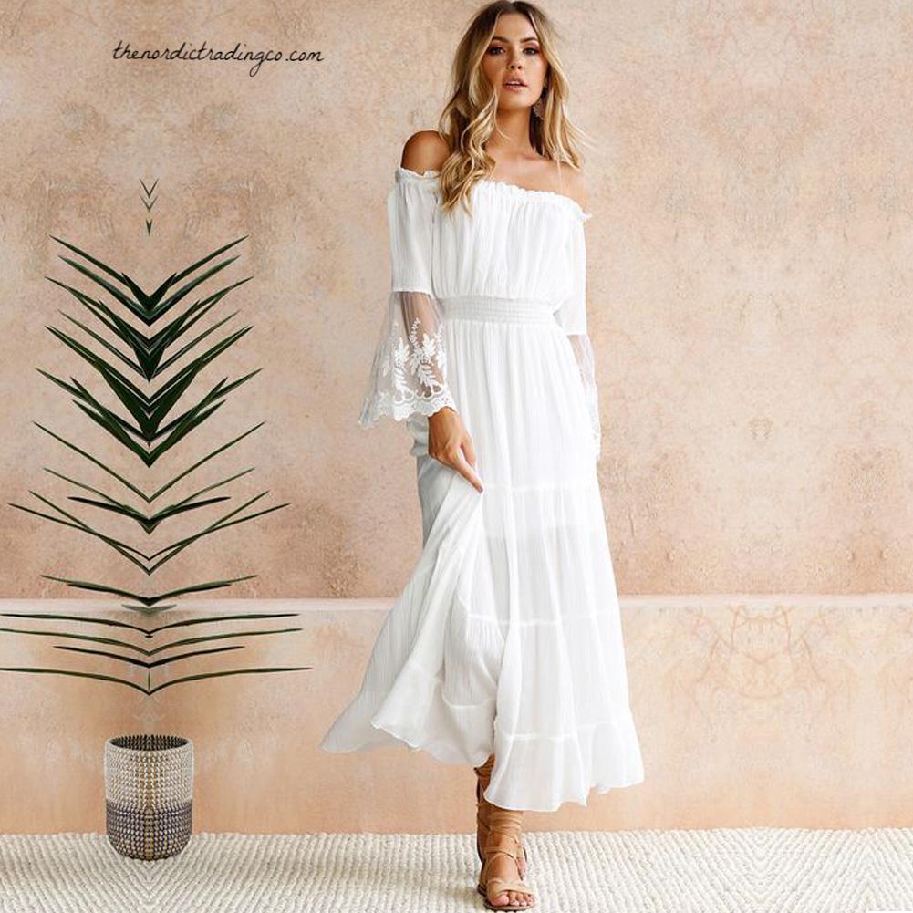 Beach Wedding Dress White Lace Bell Sleeve Off Shoulder Ankle Length Women S Dresses Festival Women Gown Gowns Women Tropical