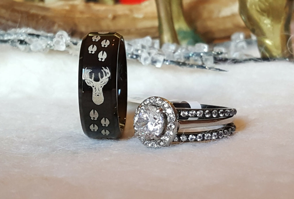 Wedding Engagement Ring Set Men S Black Tungsten Band Etched Deer