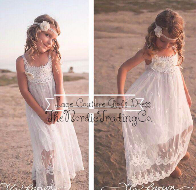 White Cotton Lace Flower Girl Dress Beach Dresses Boho Girls Dress