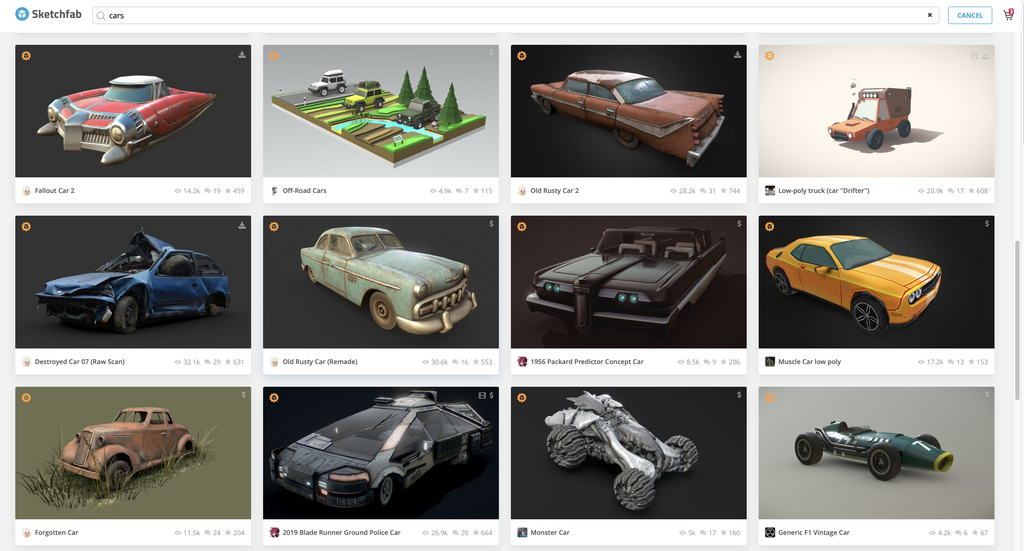 Sketchfab Cars Search Thumbnails