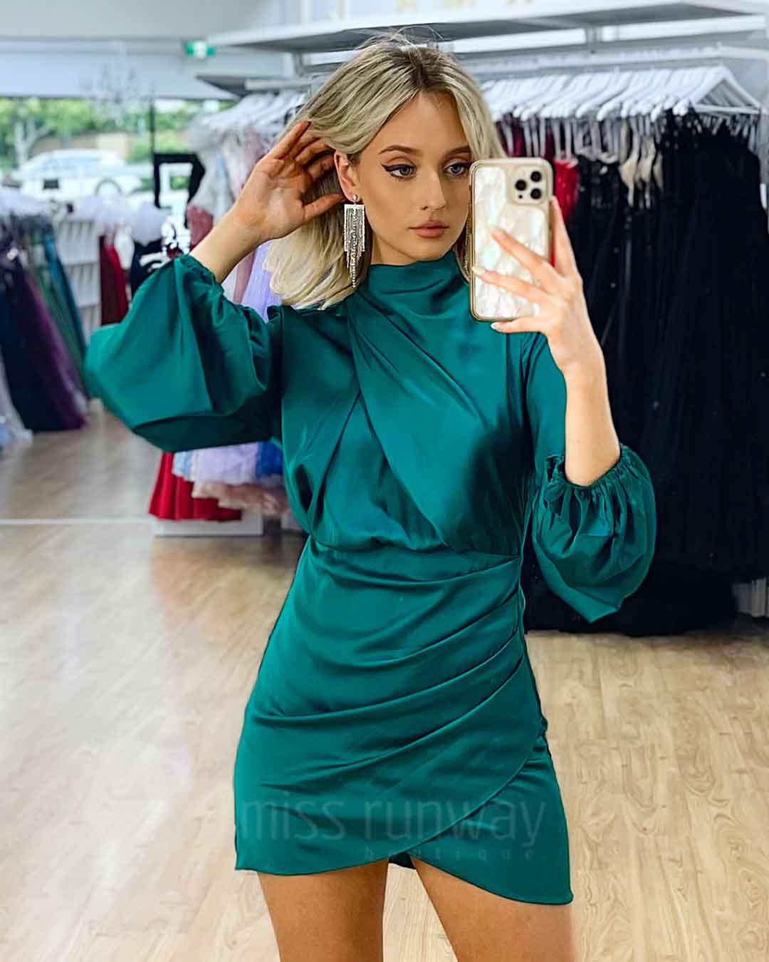 Image of Estella Satin Mini Dress - Green *[EXCLUSIVE]