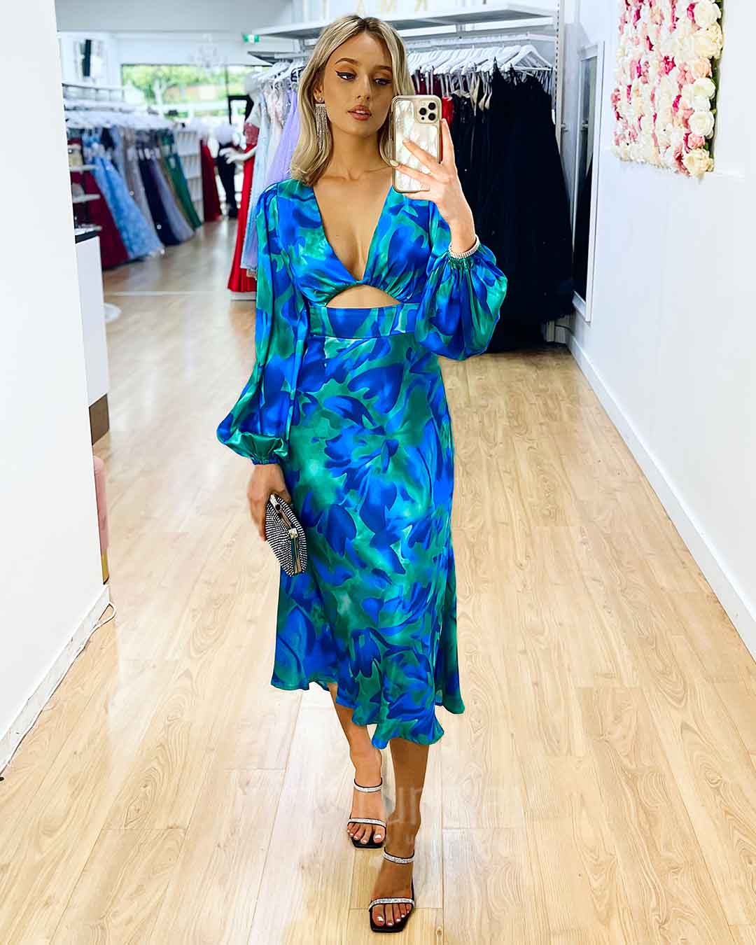 Image of Kora Satin Midi Dress - Green/Blue Print *[EXCLUSIVE]