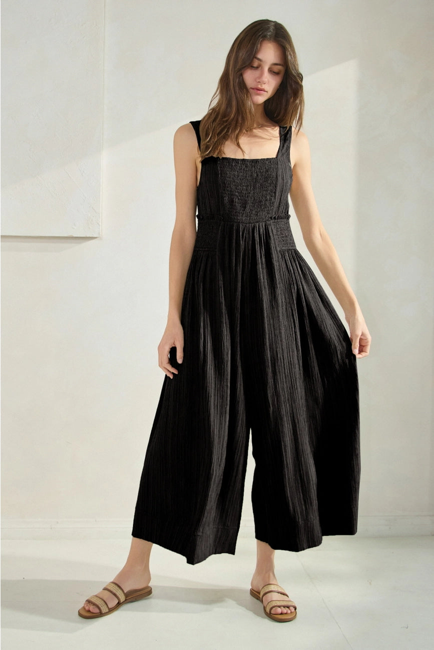 Black Crinkled and Cropped Wide Leg Jumpsuit