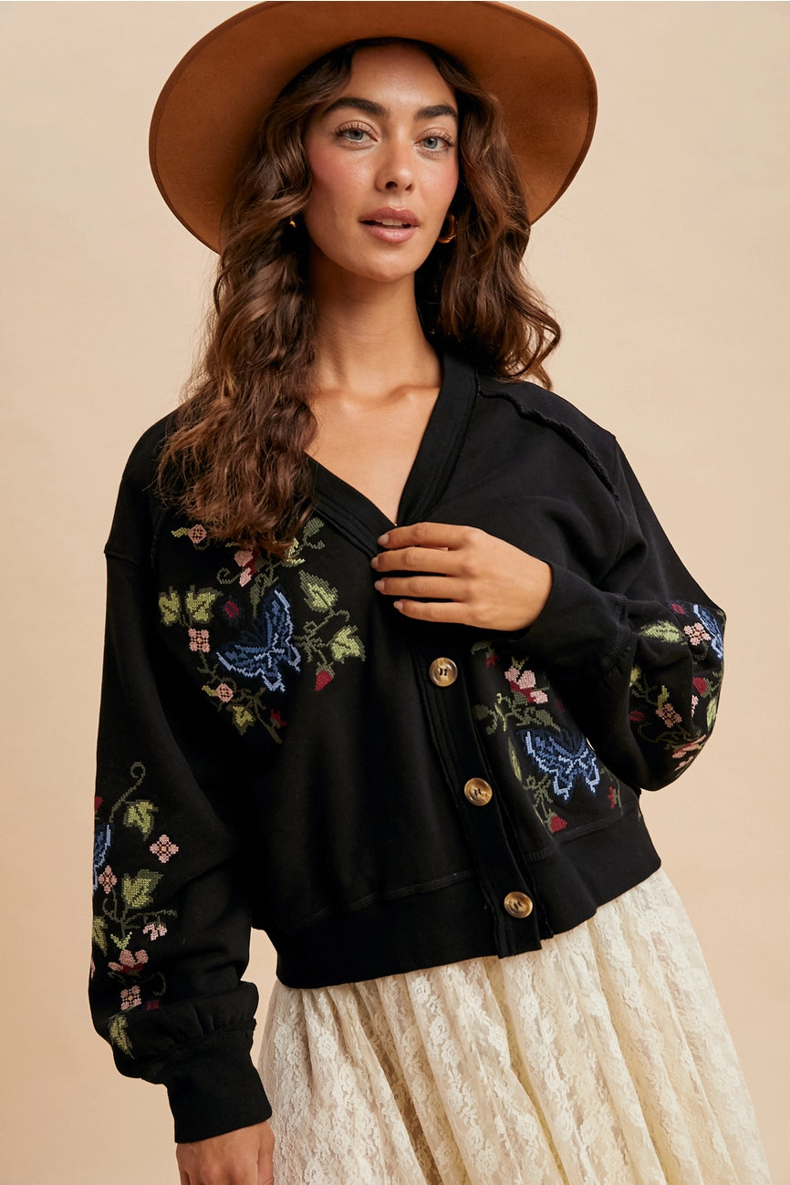 Black Embroidered Cardigan Sweatshirt