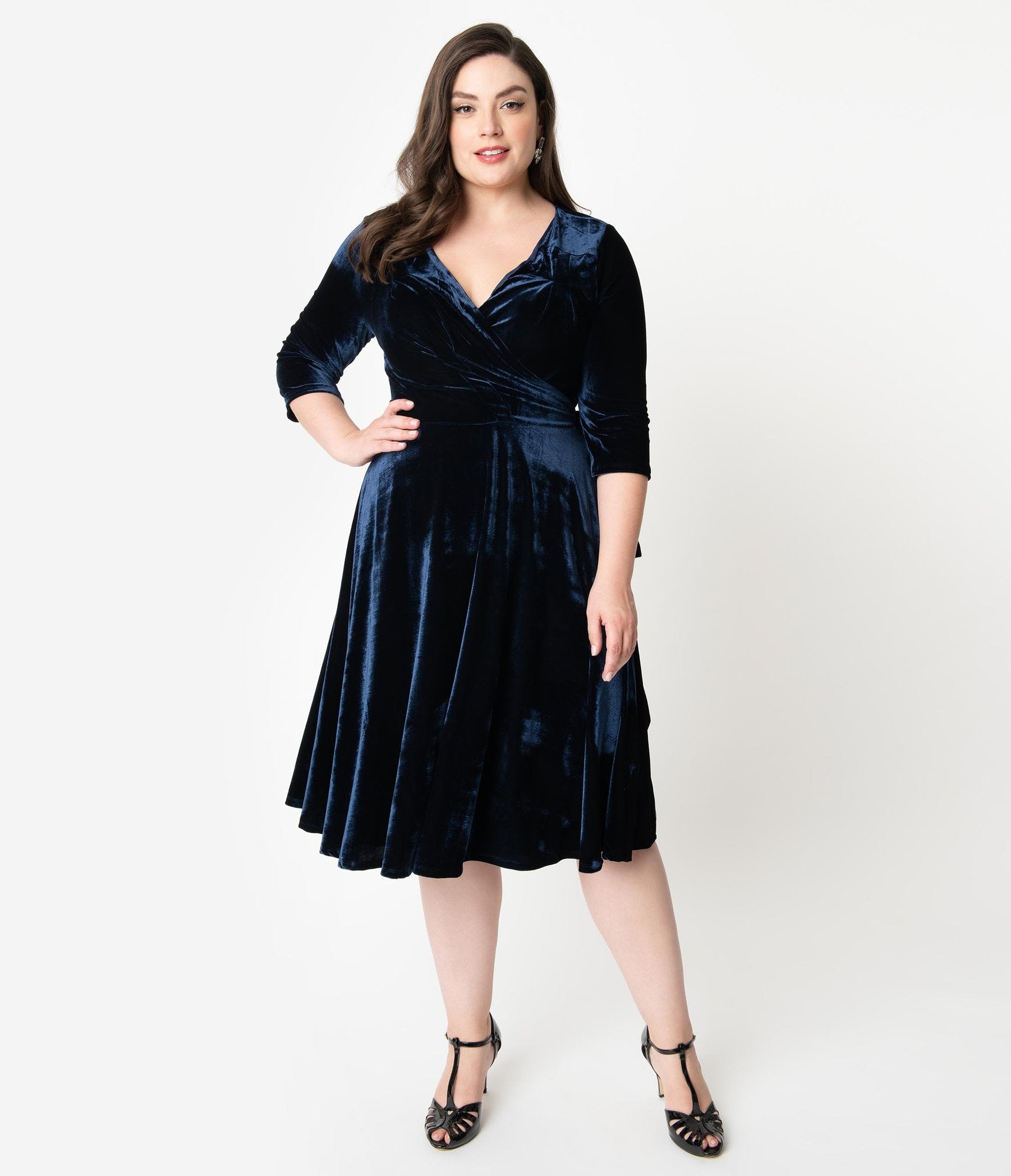 navy blue velvet wrap dress