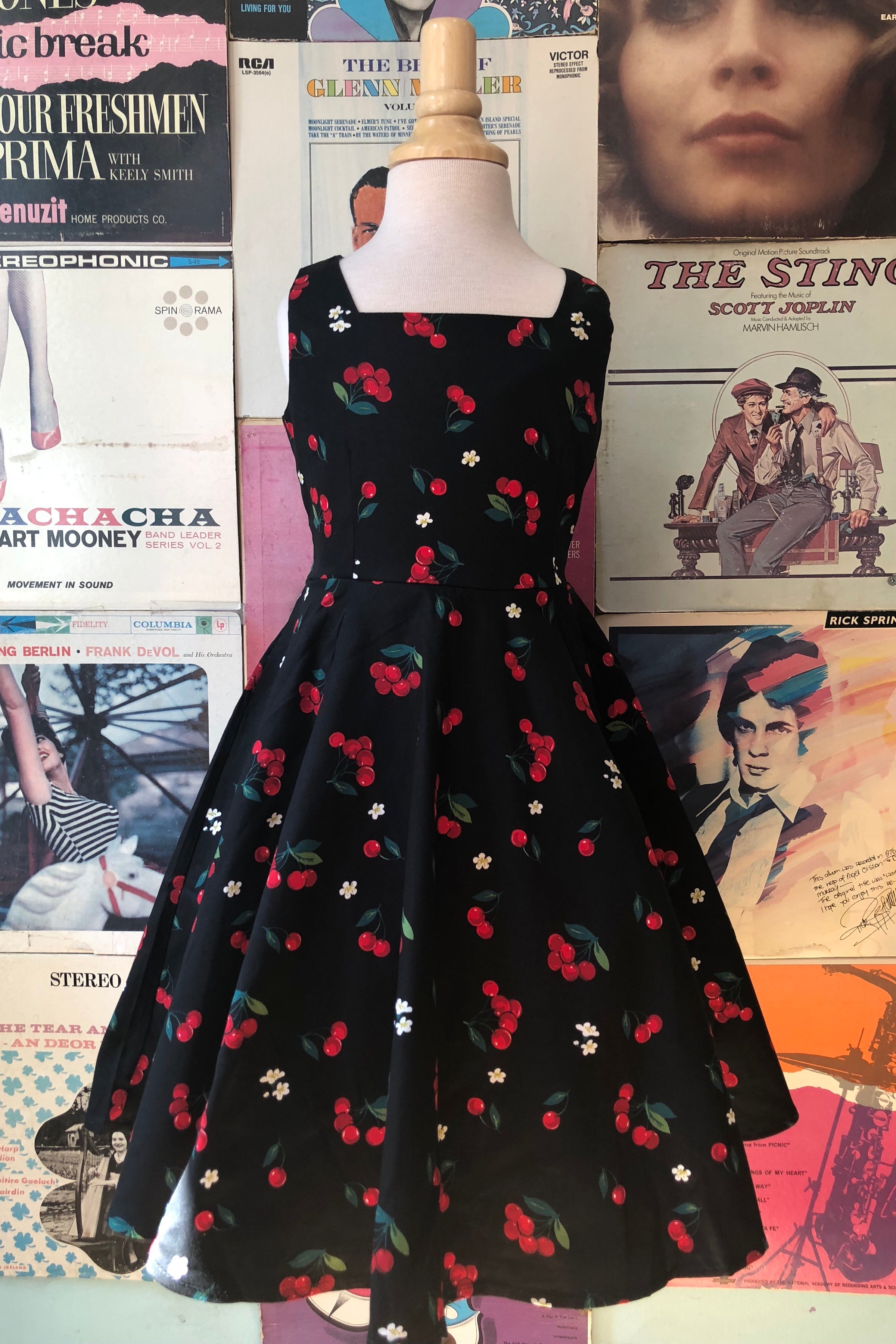 black dress with cherry print