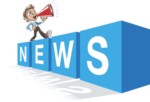 cartoon character using a bullhorn or megaphone on top of letter blocks that spell out news