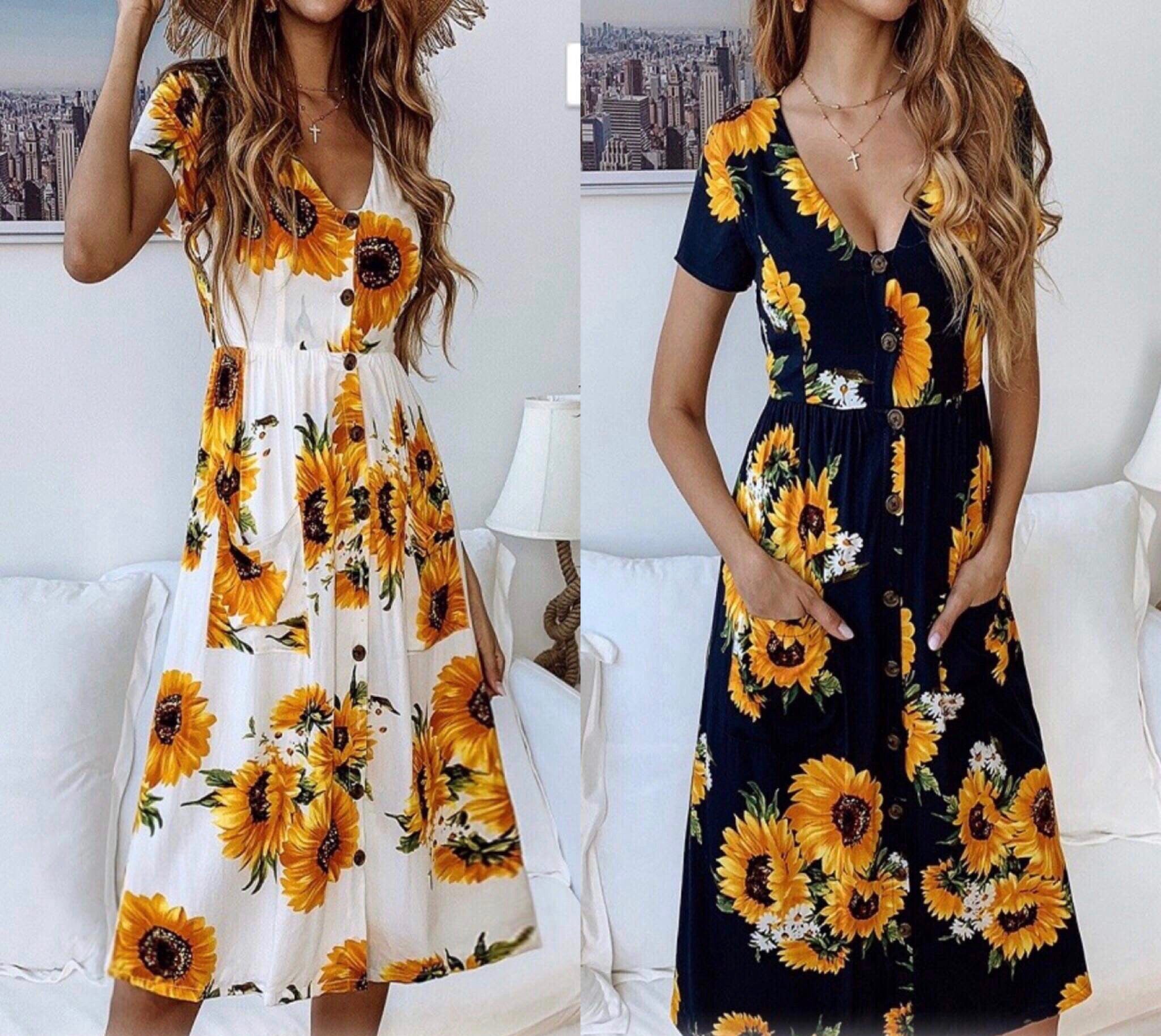 white sundress with sunflowers