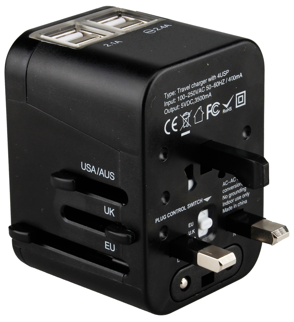 Pac2Go Universal Travel Adapter with Quad USB