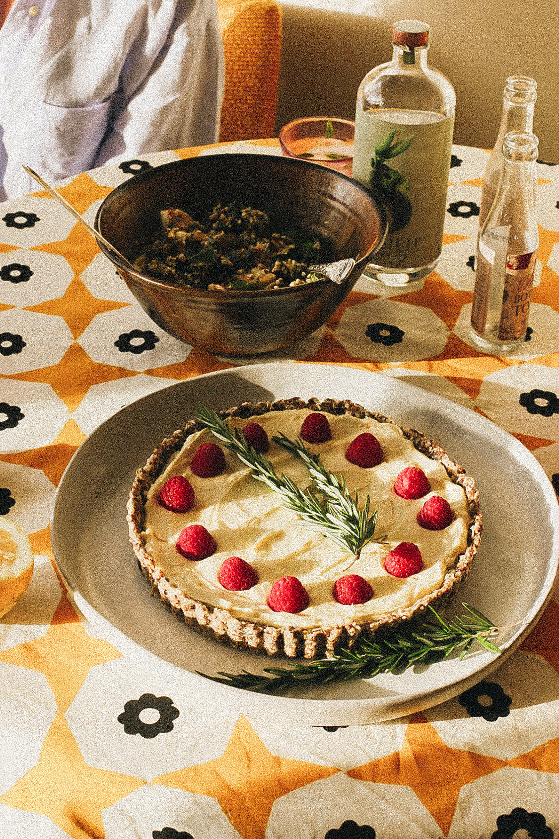 Fig and almond tart with marscapone and raspberries