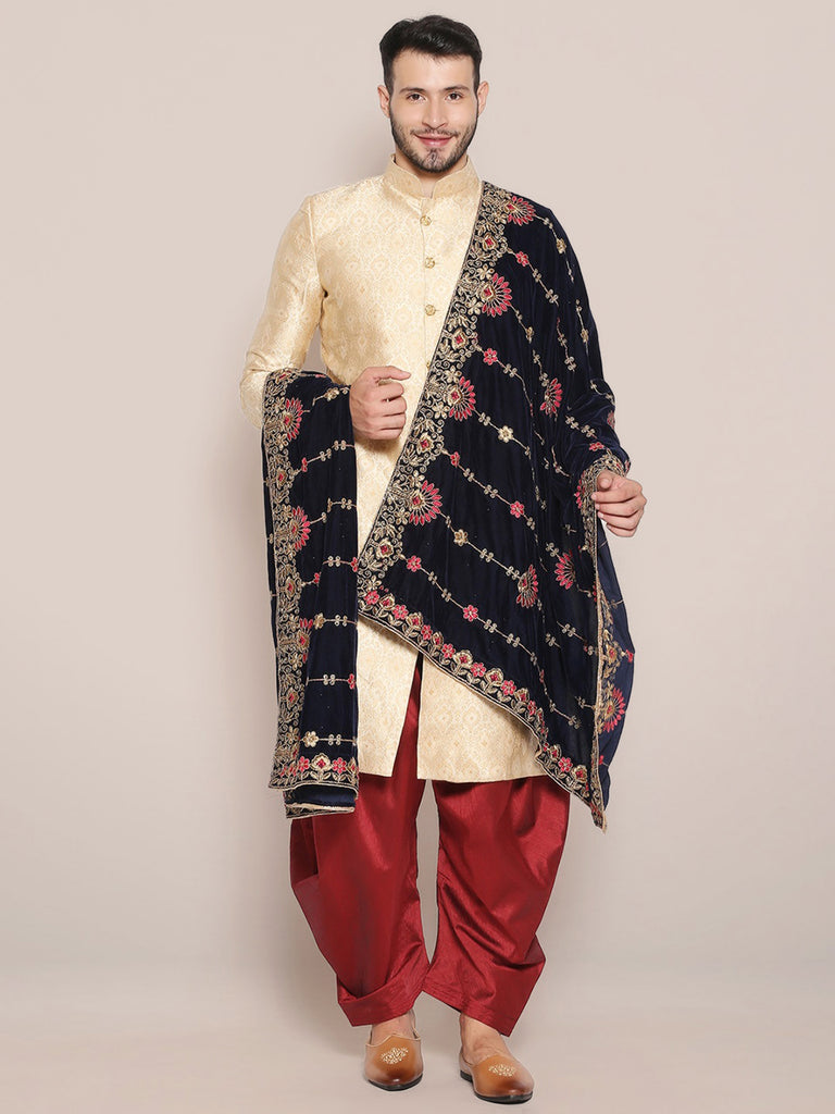 Men's Navy Blue Velvet Dupatta. Dupatta Bazaar