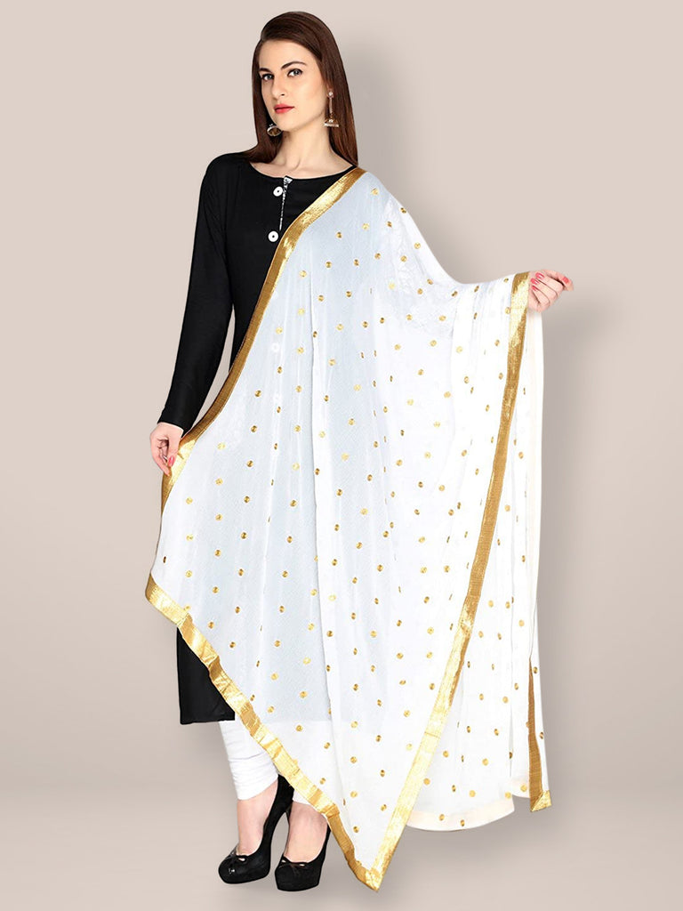 White Chiffon Dupatta with Gold Embroidery and Lace Dupatta Bazaar