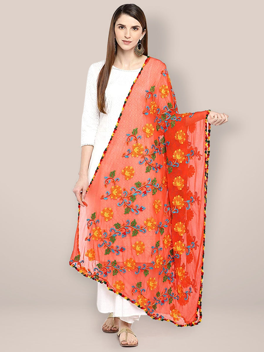 Orange & Multicoloured Embroidered Chiffon Dupatta Dupatta Bazaar