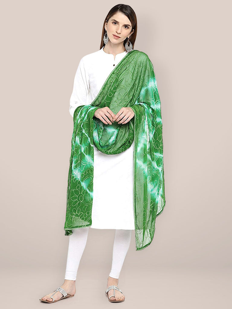Green & White Embroidered Chiffon Dupatta Dupatta Bazaar