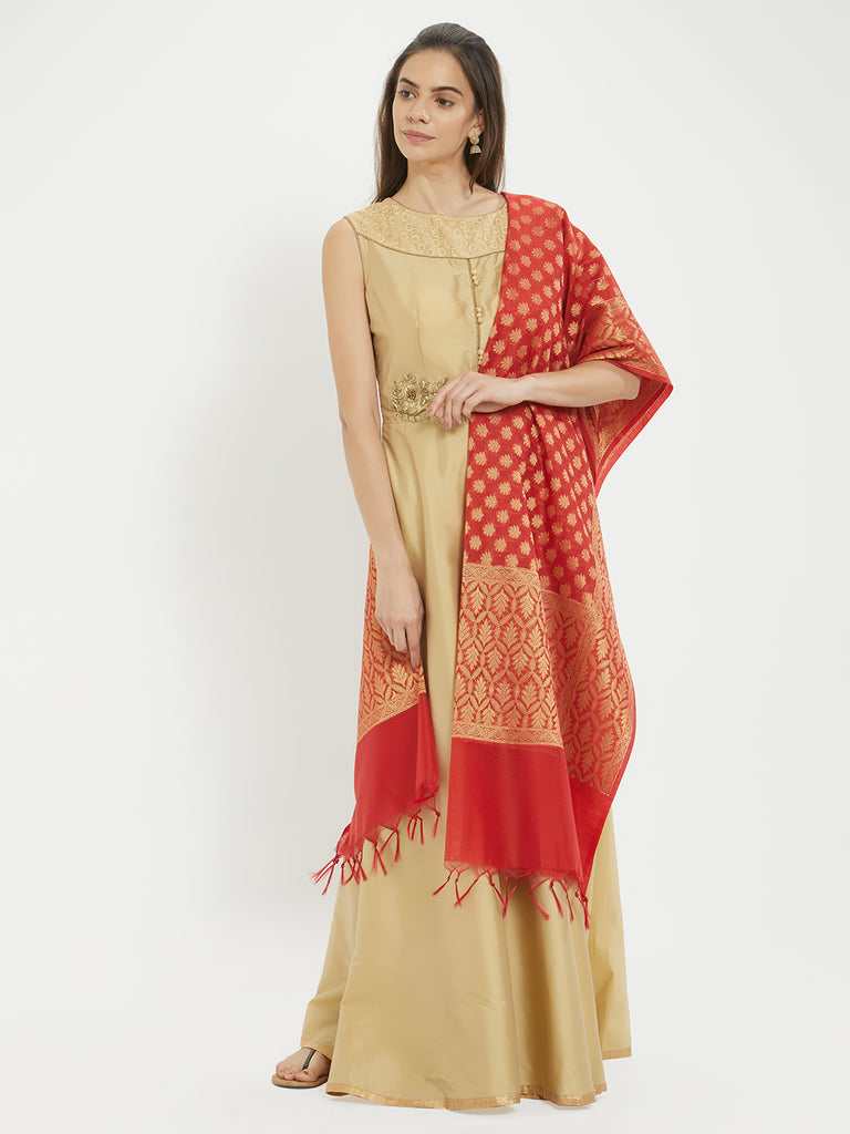 golden gown with red dupatta