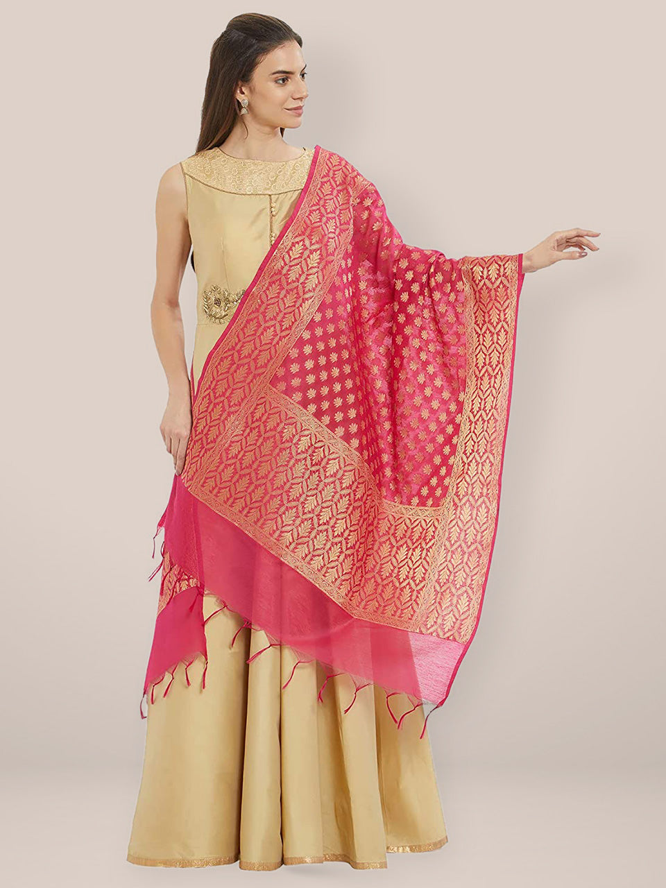 Pink & Gold Banarasi Silk Dupatta – Dupatta Bazaar