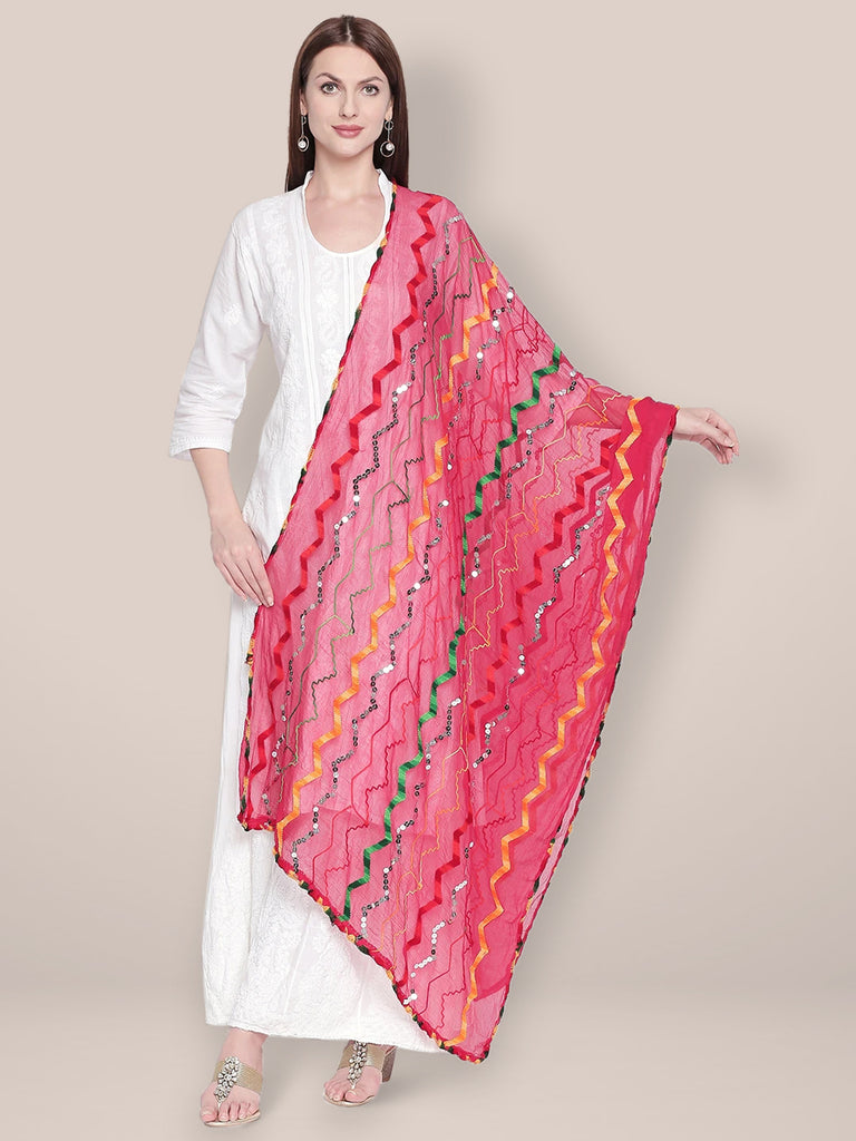 Pink & Multicoloured Embroidered Chiffon Dupatta freeshipping - Dupatta Bazaar
