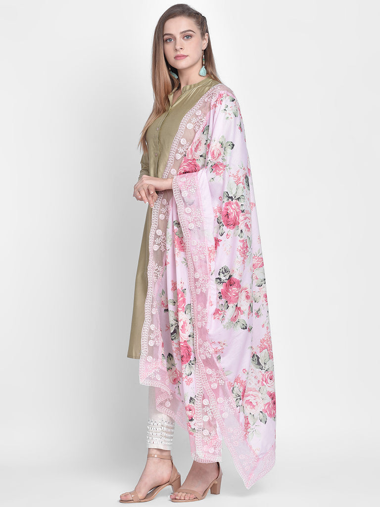 Floral Printed Muslin Dupatta With Lace Dupatta Bazaar