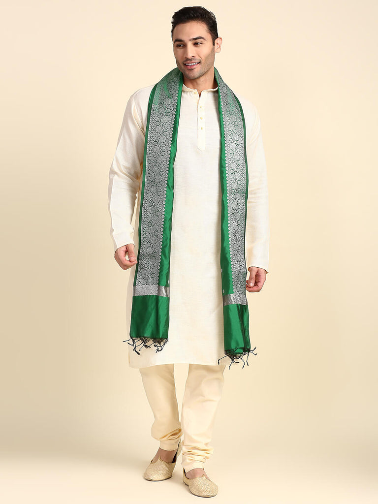 Men's Green & Silver Banarasi Silk Dupatta for Kurta/Sherwani ...