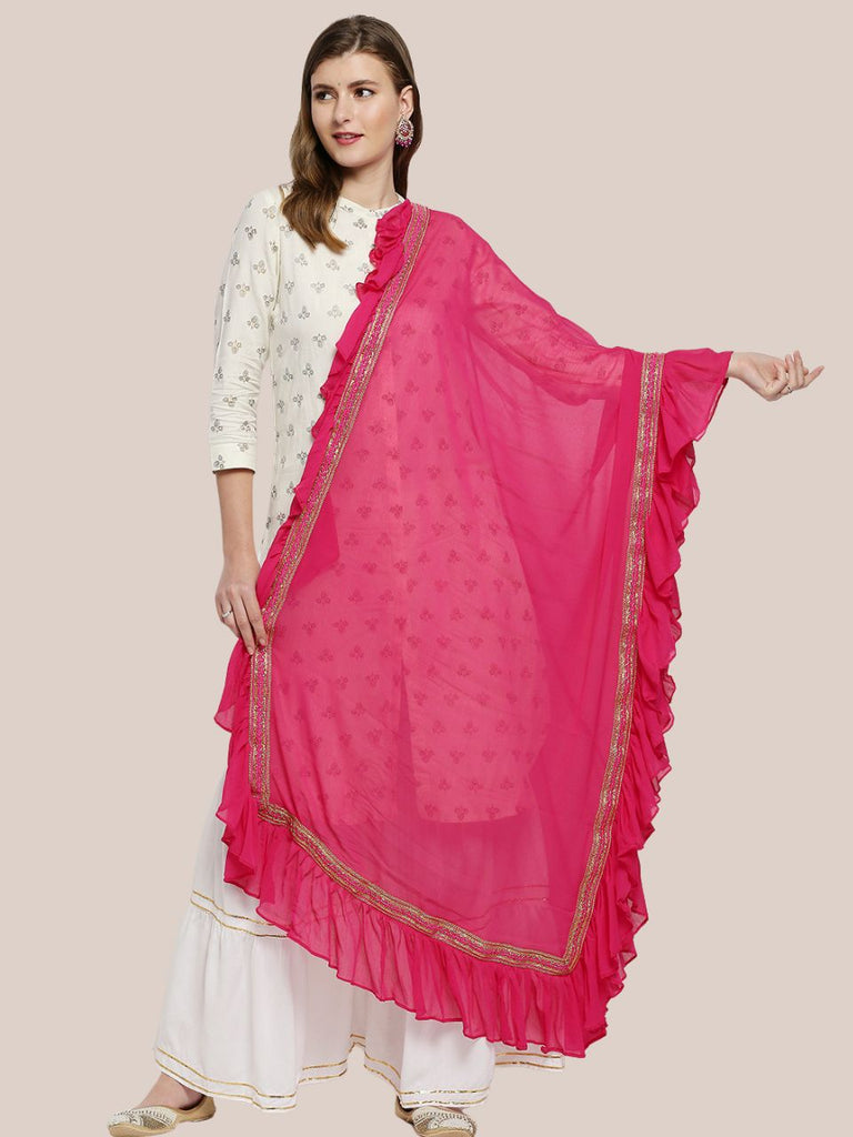 Rani Pink Chiffon dupatta with Ruffles & Lace border – Dupatta Bazaar