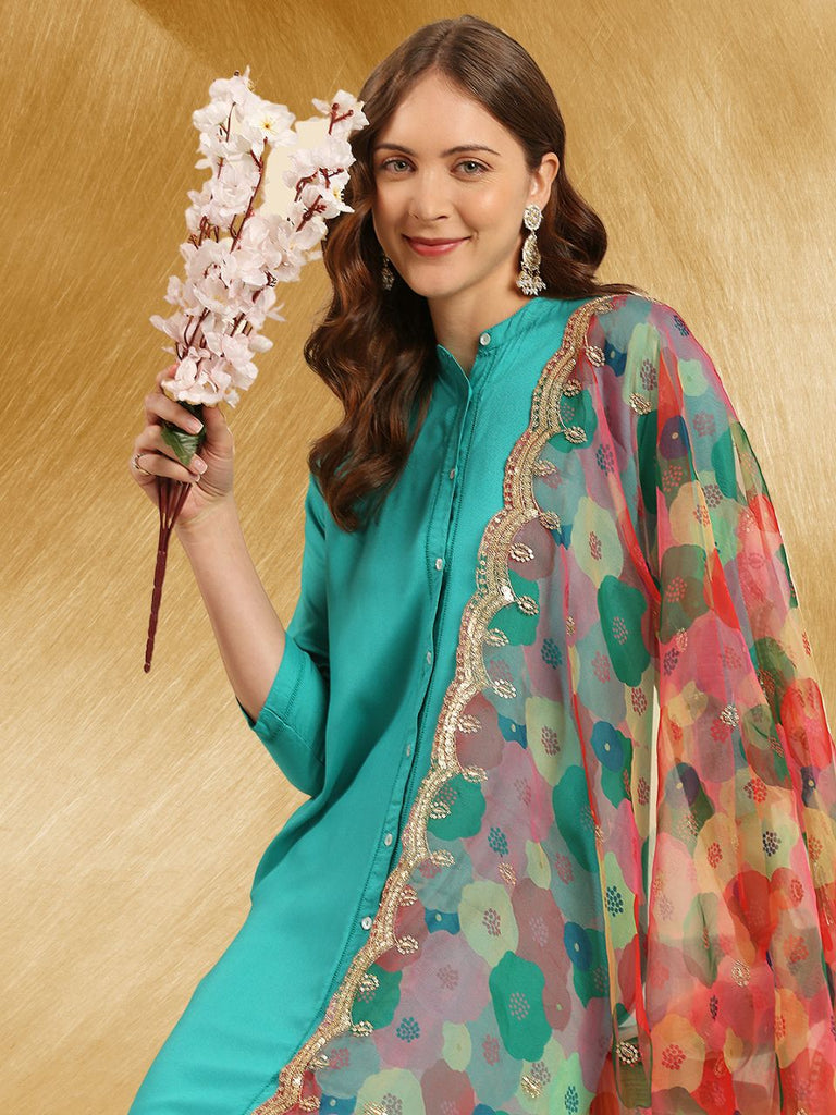 Multicolour Floral Printed Organza Dupatta with Embellished border ...