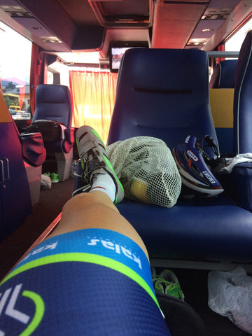 Mark McNally resting up on Wanty-Groupe Gobert team bus transfer to hotel