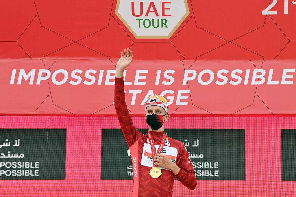 Tadej Pogačar celebrates his overall race lead at the end of stage 5 of the UAE Tour. Will he be atop the podium at the Tour de France in July?  Photo © Gian Mattia D'Alberto (LaPresse).