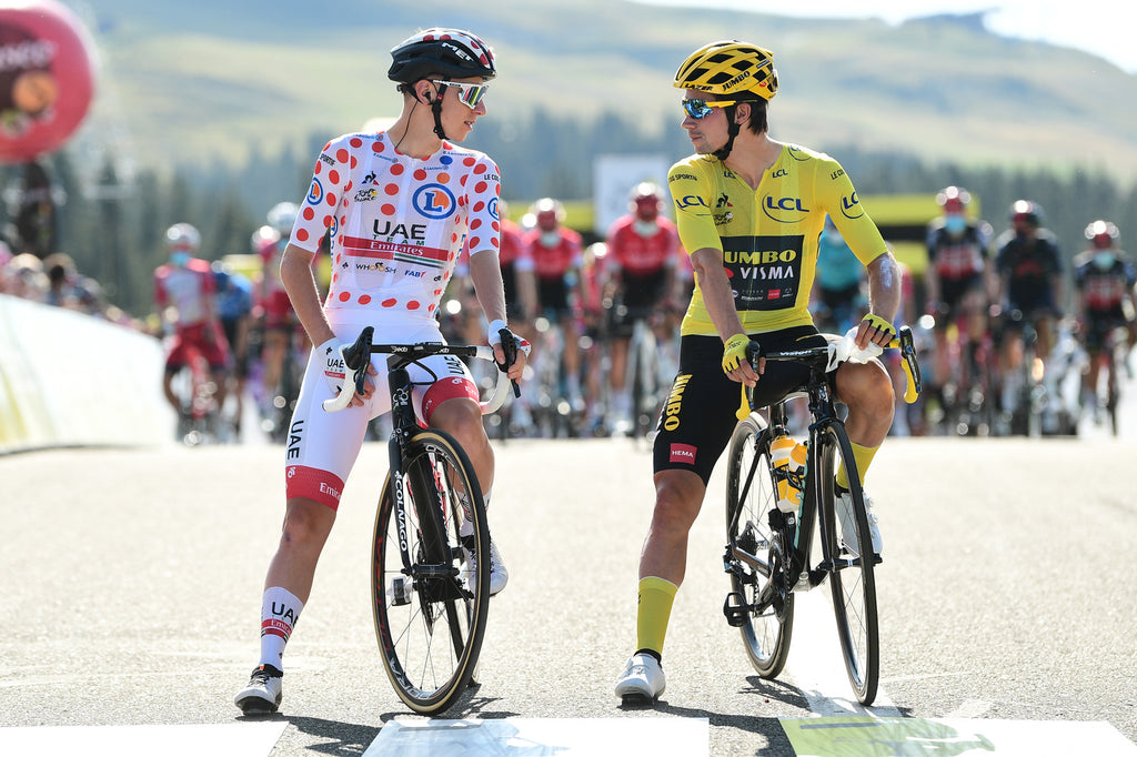 Tadej Pogacar (l) and Primoz Roglic (r) at the 2020 Tour de France. Photo by Alex Broadway/ASO. 