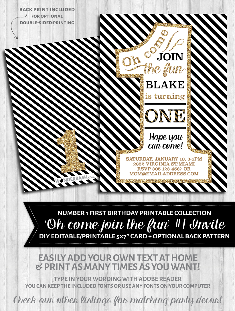 First Birthday Party Invitations 1 Black And Gold Glitter