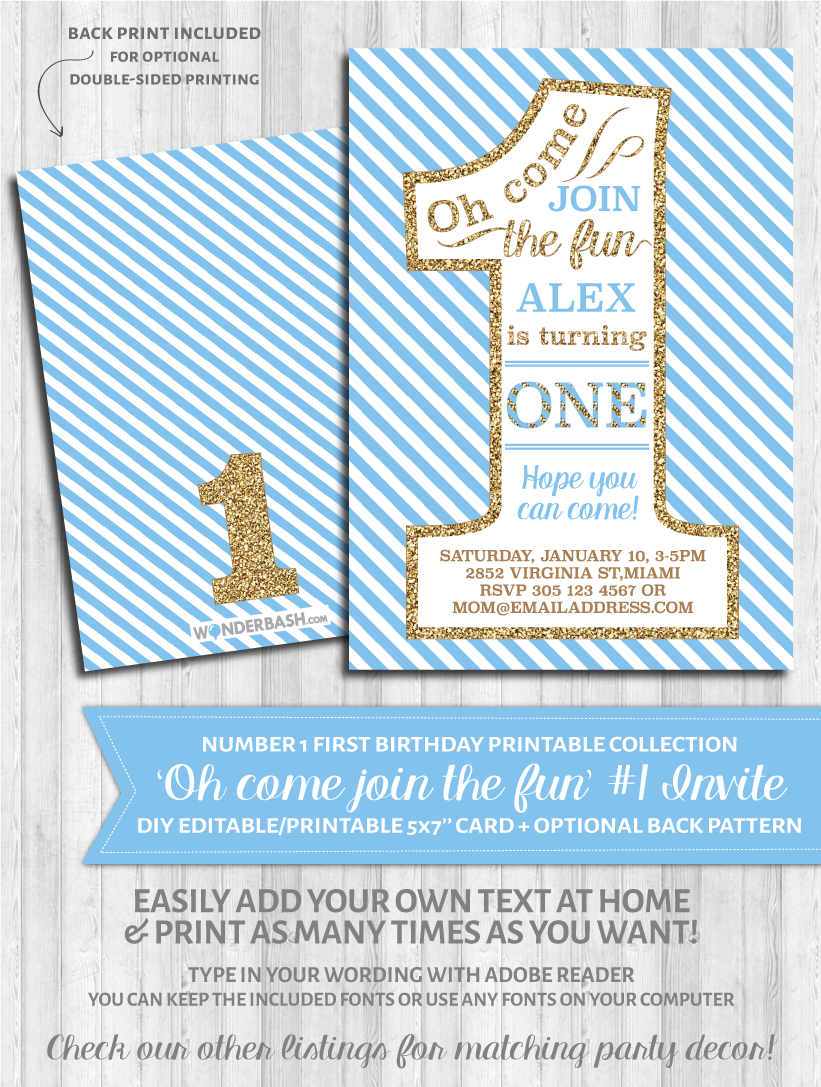 First Birthday Party Invitations 1 Blue And Gold Glitter