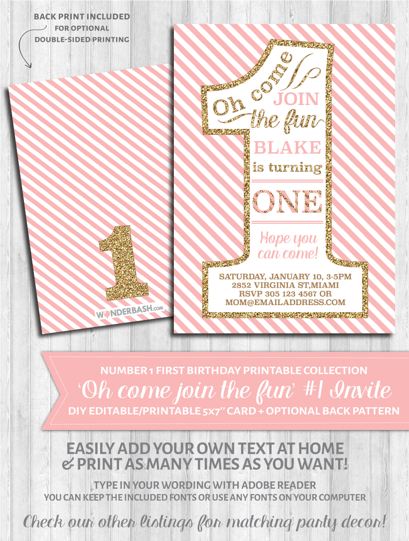 First Birthday Party Invitations 1 Blush Pink And Gold Wonderbash