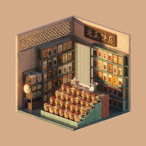 Another image of Shin Oh's voxel art, this time a Malaysian market stall featuring Traditional Chinese Medicine herbs against a warm taupe background.