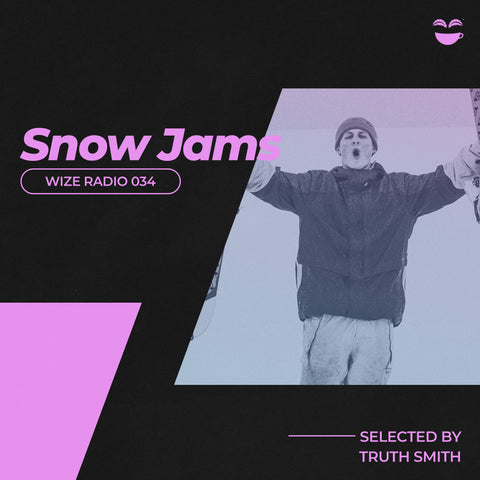 An image of Truth skiing down a hill, arms raised in victory. Pink text runs over the image, saying Snow Jams.