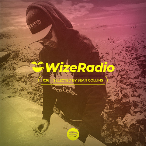 An image of Sean Collins with a hoodie and baseball cap on, with the Wize Radio logo over top.