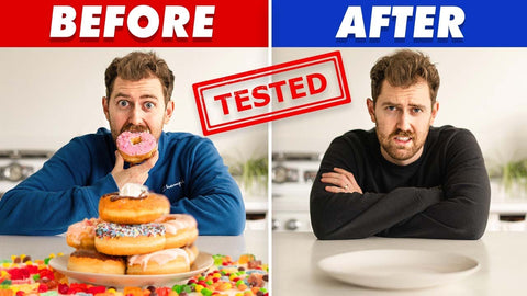 A picture of the YouTuber in front of a plate of food with "Before" in red letters over top, next to an image of him with an empty plate with "After" in blue letters over top.