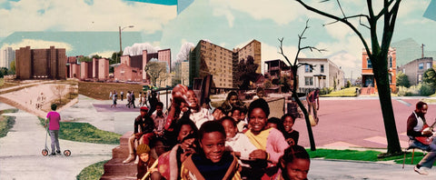 Another image of a group of Black people and children, standing on a city street with trees and blue skies behind them.