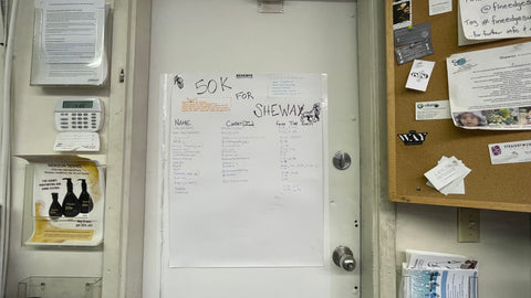 A poster board showing the bets on Matt's finish time for the Diez Vista ultramarathon is on the door of Fine Edge Vancouver