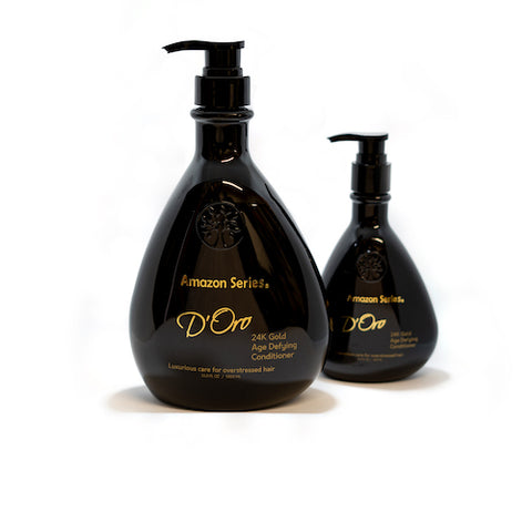 300ml and 1L bottles of Amazon Series D'Oro 24k Gold Conditioner from Fine Edge Beauty & Barber Supply Canada