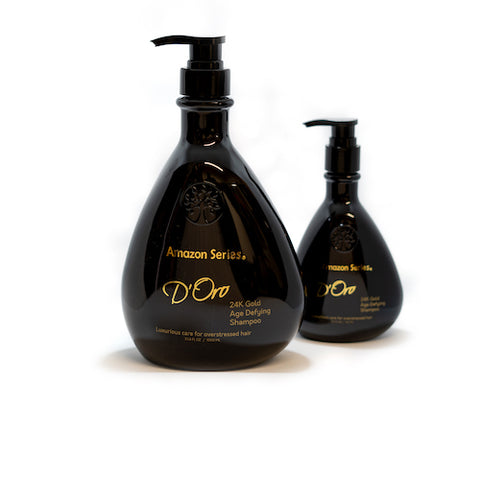 300ml and 1L bottles of Amazon Series D'Oro 24k Gold Shampoo from Fine Edge Beauty & Barber Supply Canada