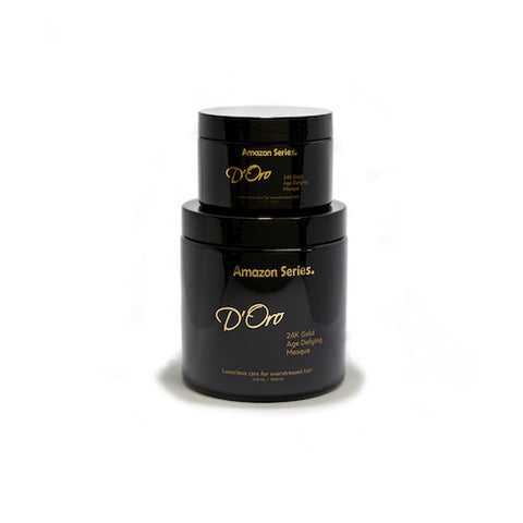 300ml and 1L bottles of Amazon Series D'Oro 24k Gold Hair Masque from Fine Edge Beauty & Barber Supply Canada