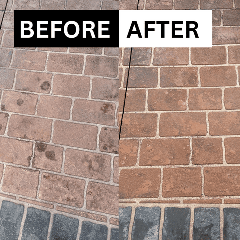 Before and after images showing the effectiveness of Grenade Driveway Oil Stain Remover on a concrete driveway