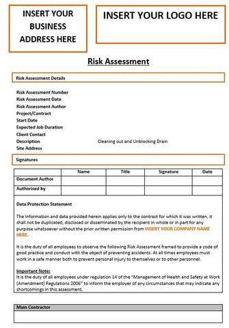 Cleaning out and Unblocking Drain - Risk Assessment Template